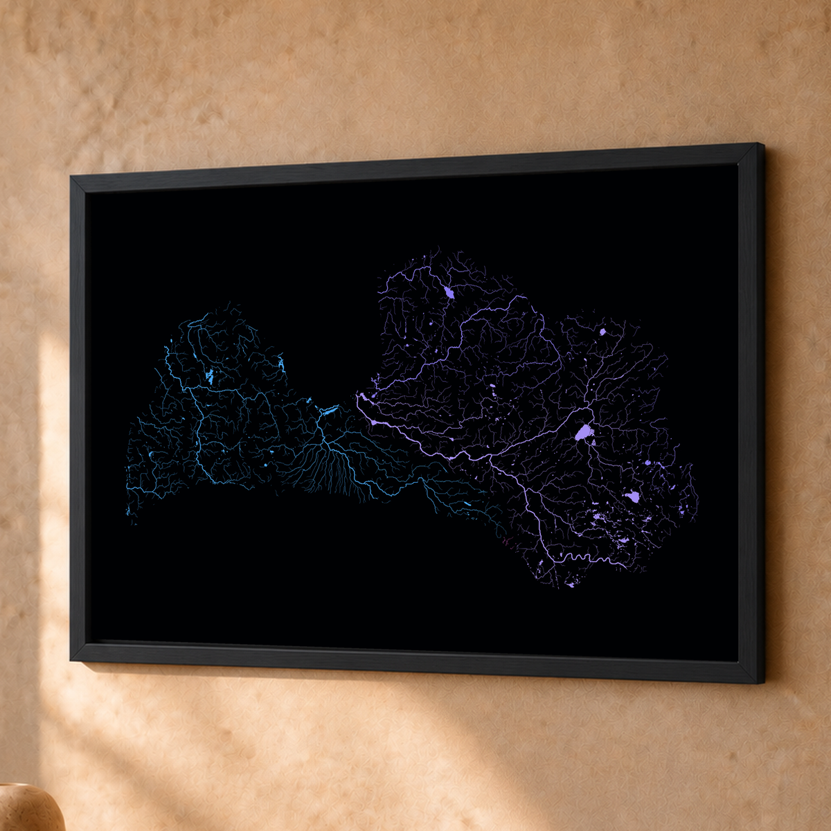 Beautiful Rivers — Letónia — Neon hidrográfico, Fine art emoldurado · 30 × 40 cm, Preto · Sem margem