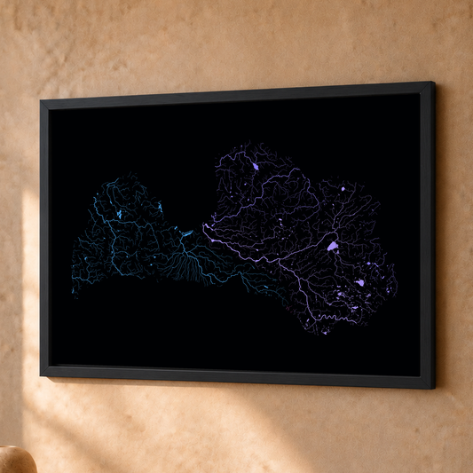 Beautiful Rivers — Letónia — Neon hidrográfico, Fine art emoldurado · 30 × 40 cm, Preto · Sem margem