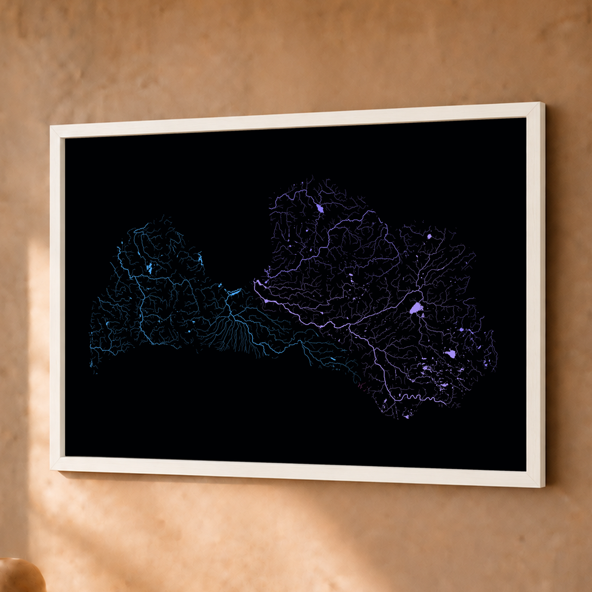 Beautiful Rivers — Letónia — Neon hidrográfico, Fine art emoldurado · 30 × 40 cm, Branco · Sem margem