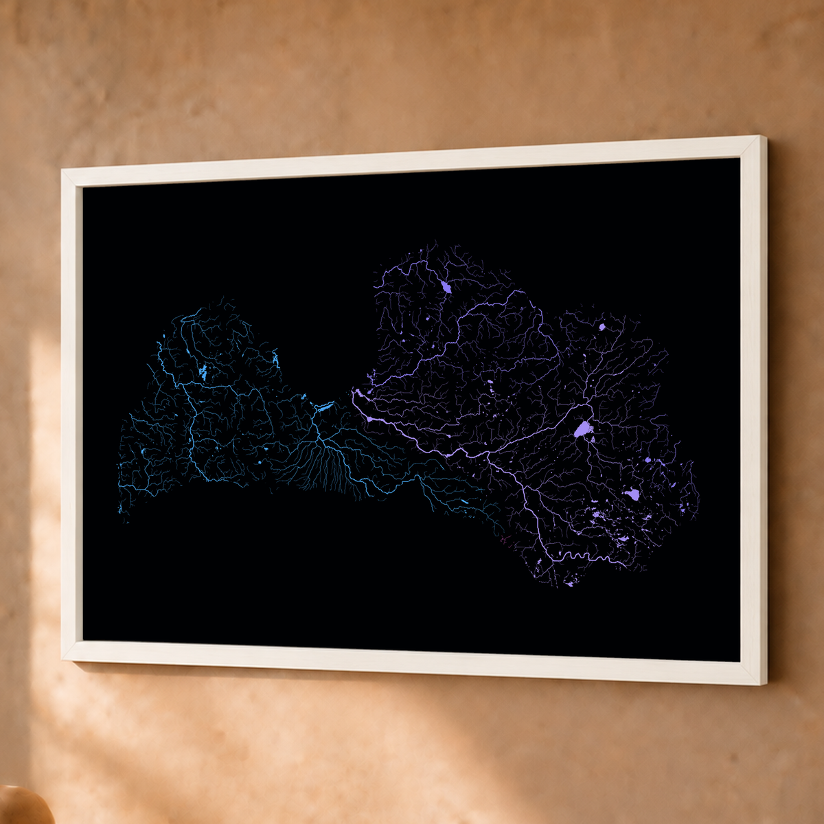 Beautiful Rivers — Letónia — Neon hidrográfico, Fine art emoldurado · 45 × 60 cm, Branco · Sem margem