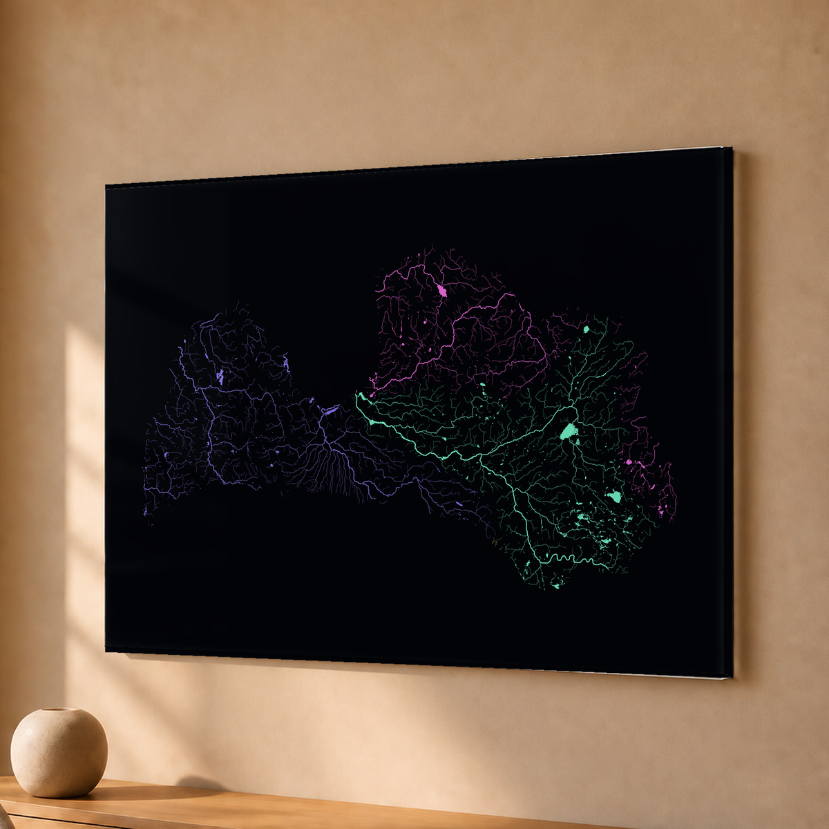 Beautiful Rivers — Letónia — Neon por território, Acrílico · 30 × 40 cm, Sem margem
