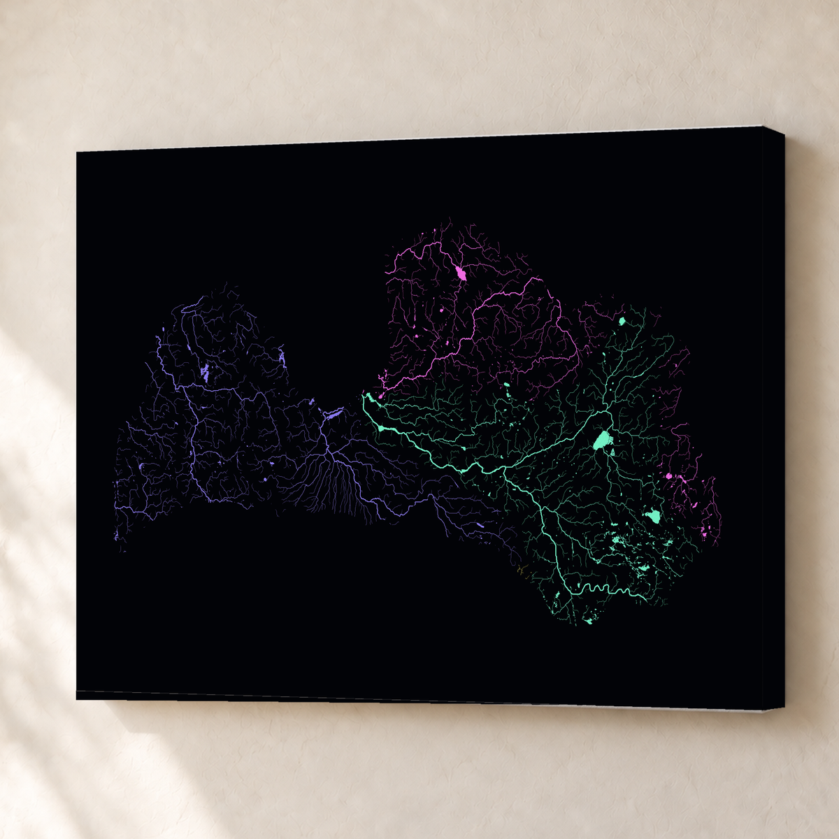 Beautiful Rivers — Letónia — Neon por território, Canvas · 45 × 60 cm, Sem margem