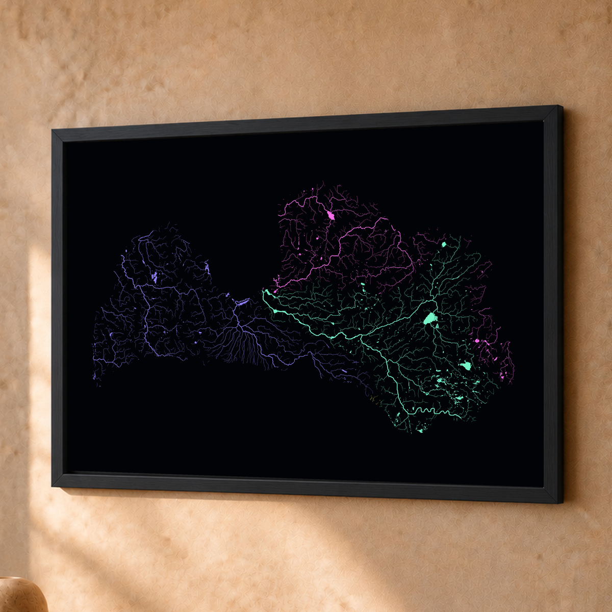 Beautiful Rivers — Letónia — Neon por território, Fine art emoldurado · 30 × 40 cm, Preto · Sem margem