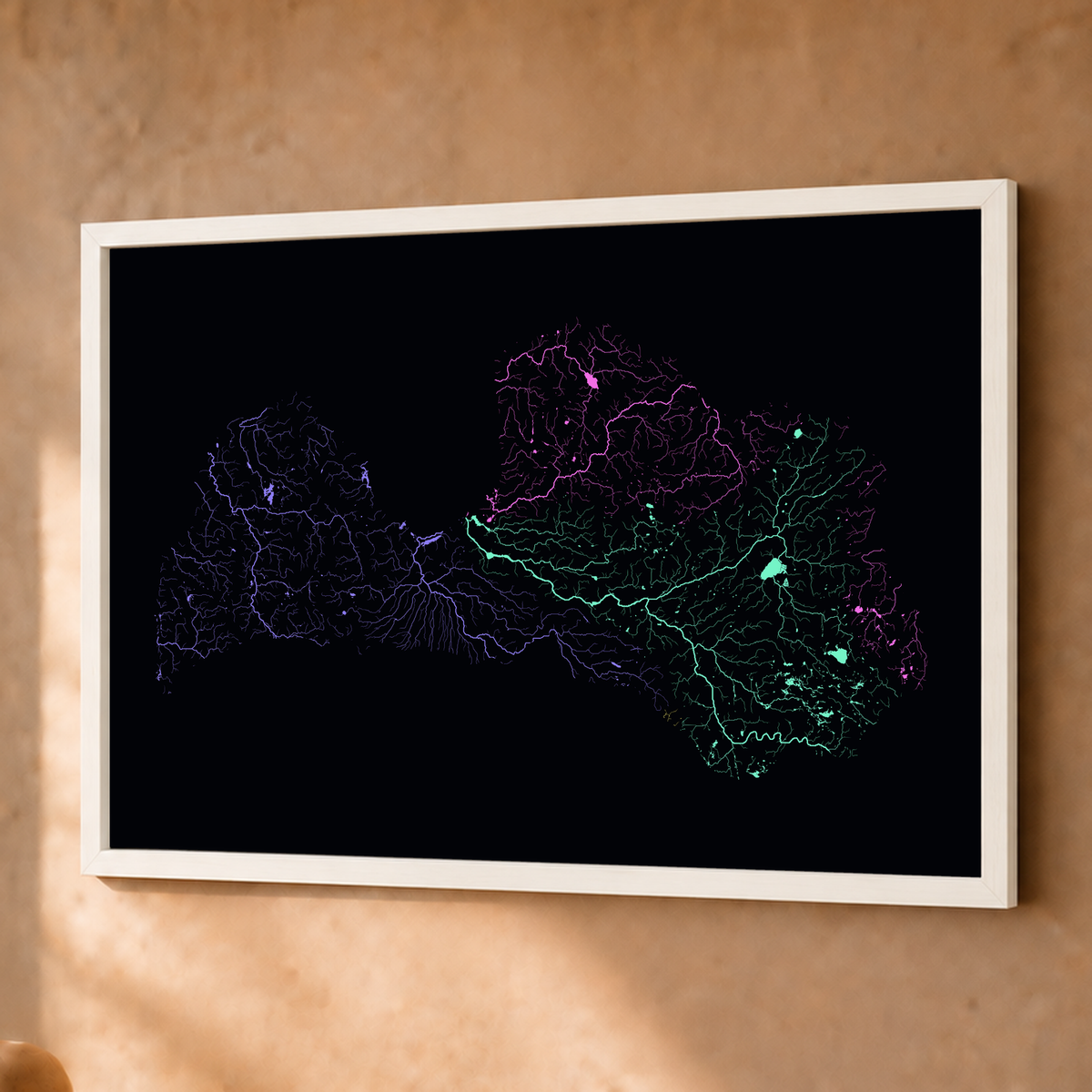 Beautiful Rivers — Letónia — Neon por território, Fine art emoldurado · 45 × 60 cm, Branco · Sem margem