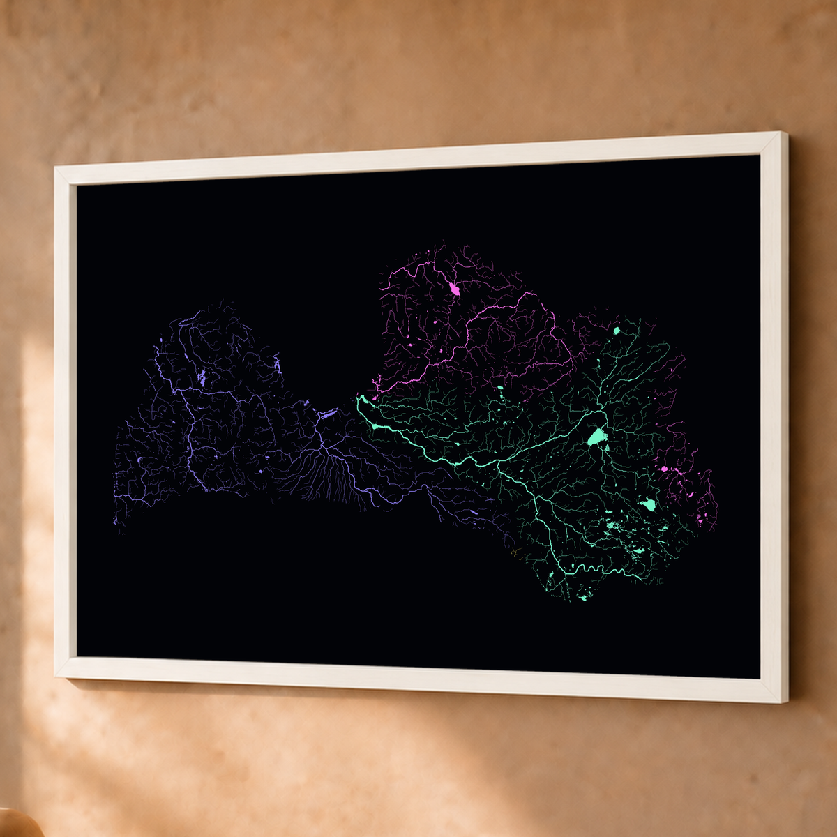 Beautiful Rivers — Letónia — Neon por território, Fine art emoldurado · 60 × 80 cm, Branco · Sem margem