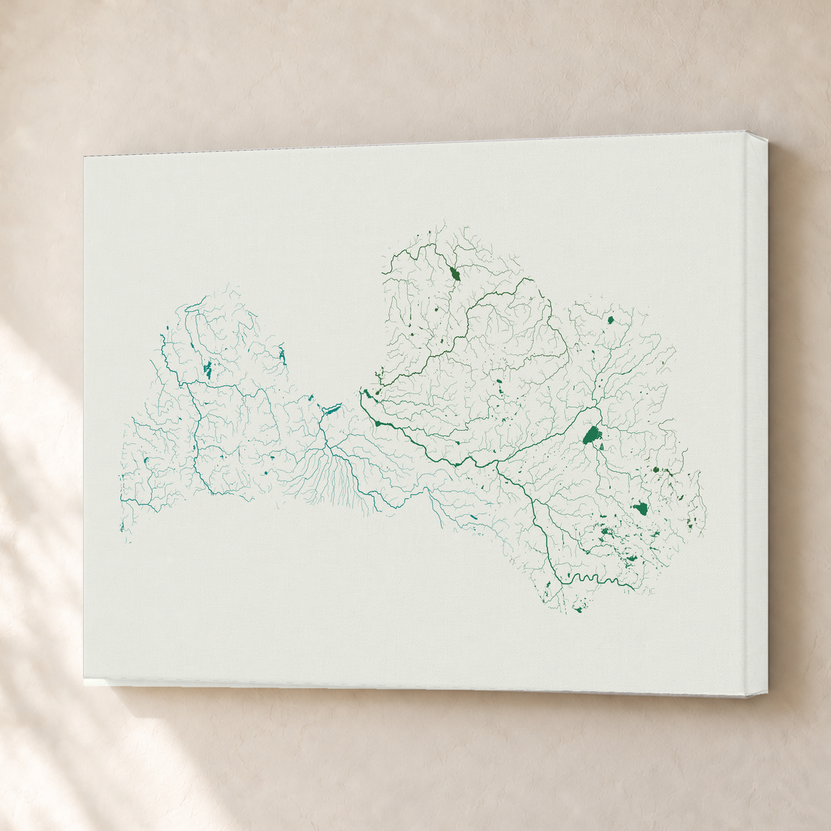 Beautiful Rivers — Letónia — Verde jade e porcelana, Canvas · 30 × 40 cm, Sem margem