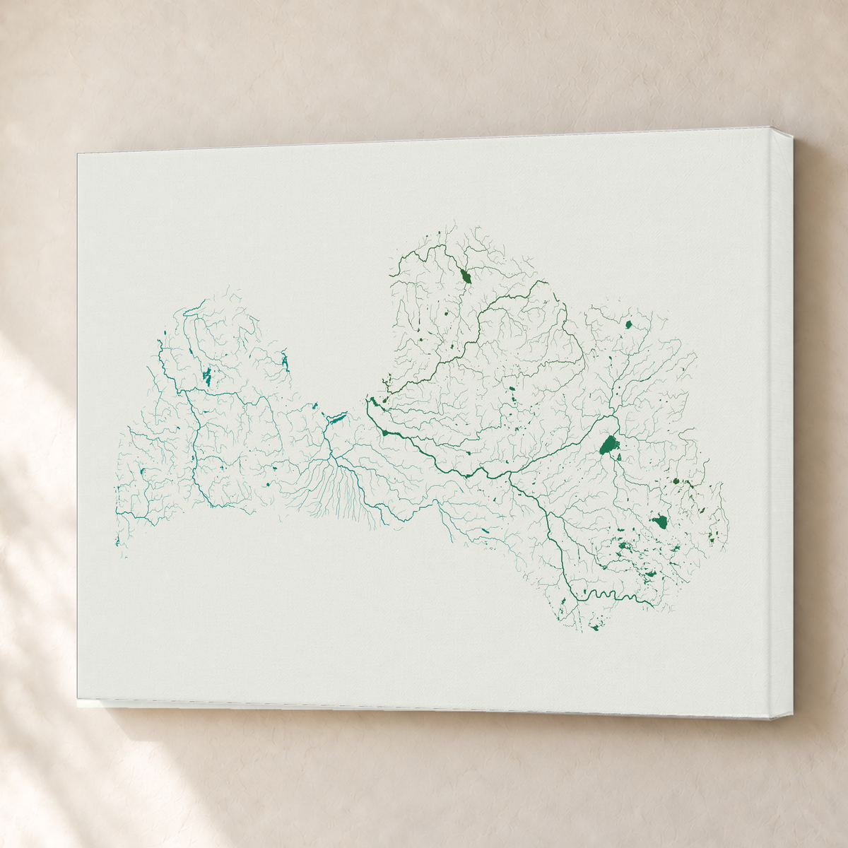 Beautiful Rivers — Letónia — Verde jade e porcelana, Canvas · 45 × 60 cm, Sem margem