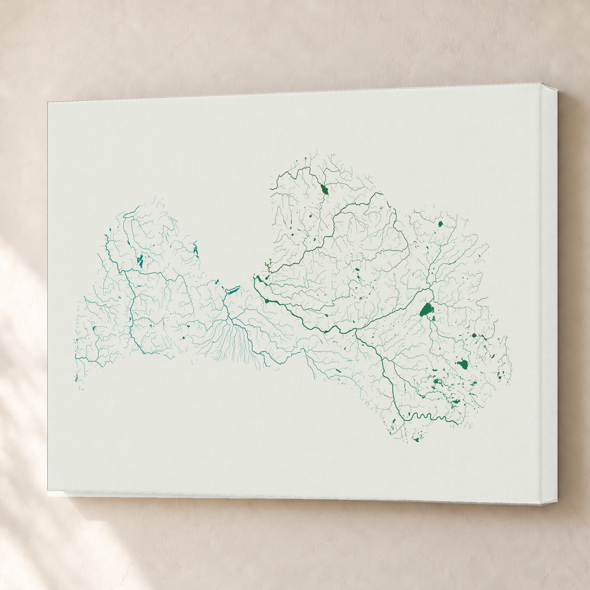 Beautiful Rivers — Letónia — Verde jade e porcelana, Canvas · 60 × 80 cm, Sem margem