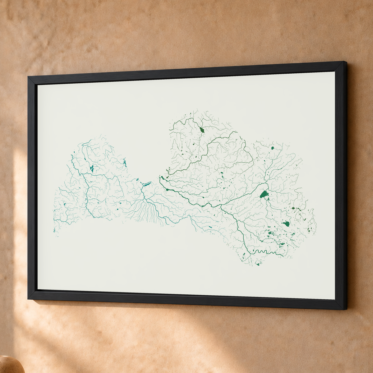 Beautiful Rivers — Letónia — Verde jade e porcelana, Fine art emoldurado · 45 × 60 cm, Preto · Sem margem