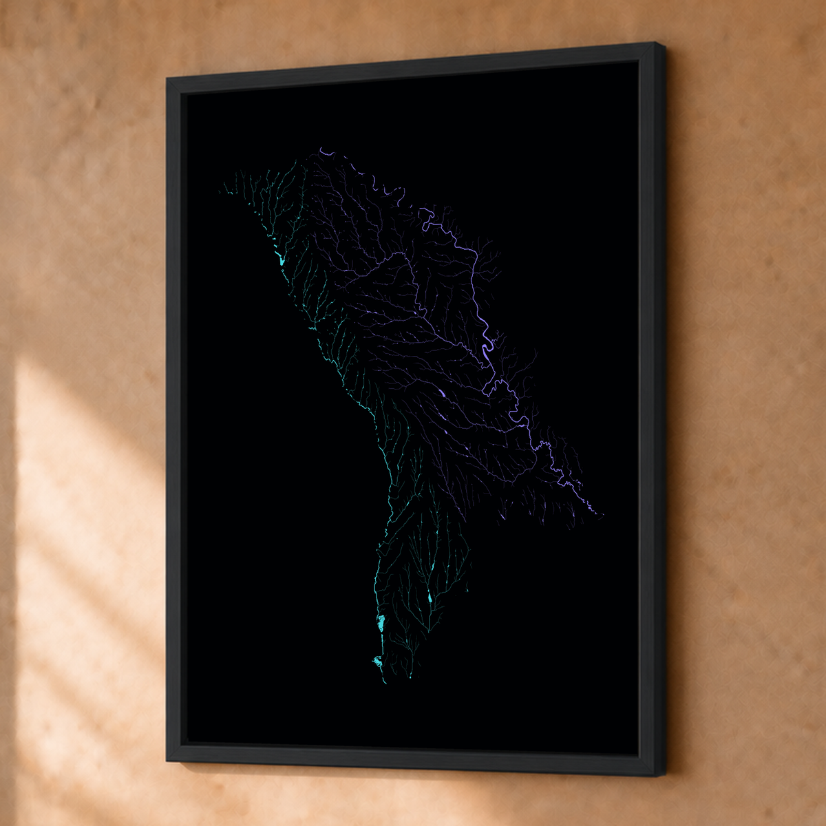 Beautiful Rivers — Moldávia — Neon hidrográfico, Fine art emoldurado · 30 × 40 cm, Preto · Sem margem