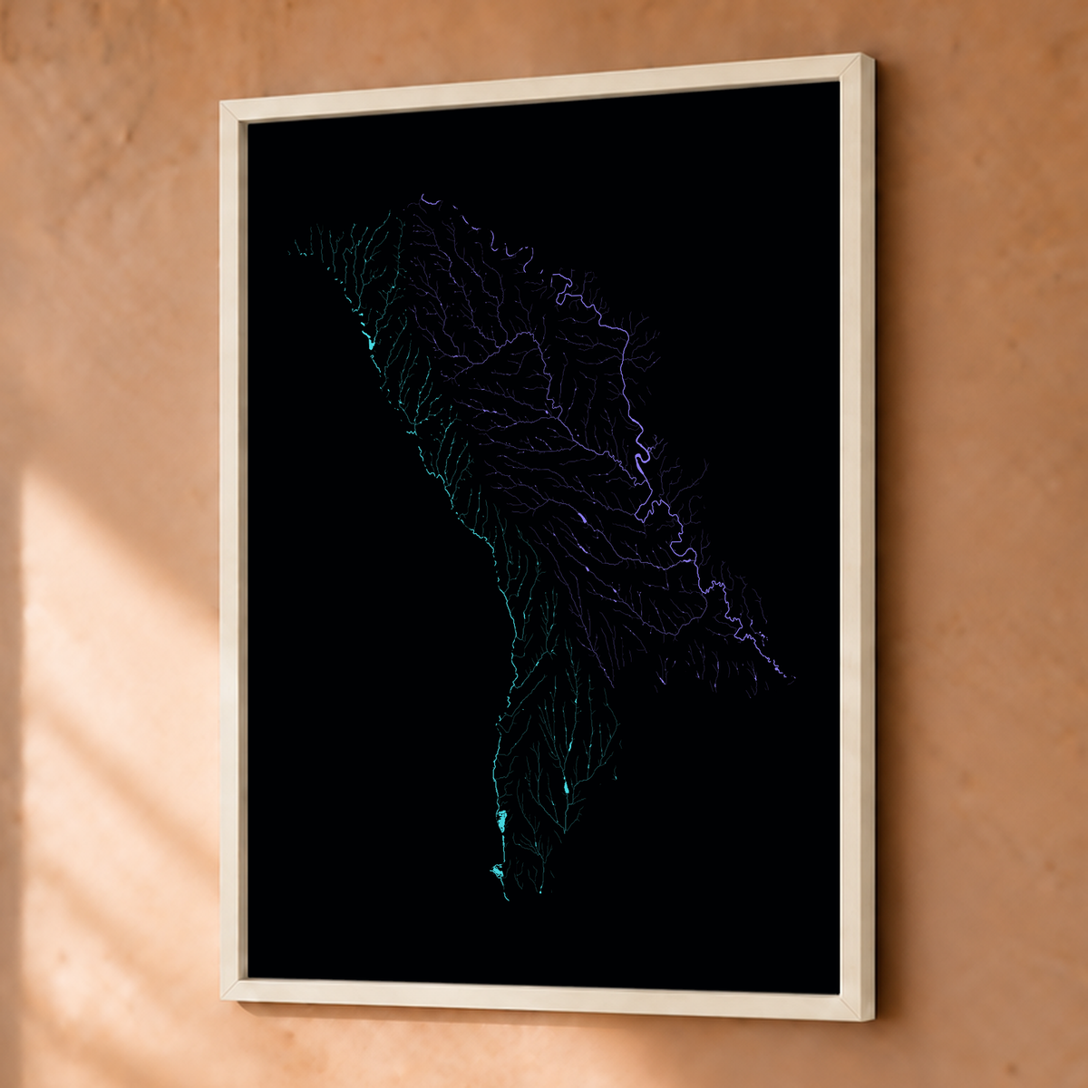 Beautiful Rivers — Moldávia — Neon hidrográfico, Fine art emoldurado · 30 × 40 cm, Branco · Sem margem