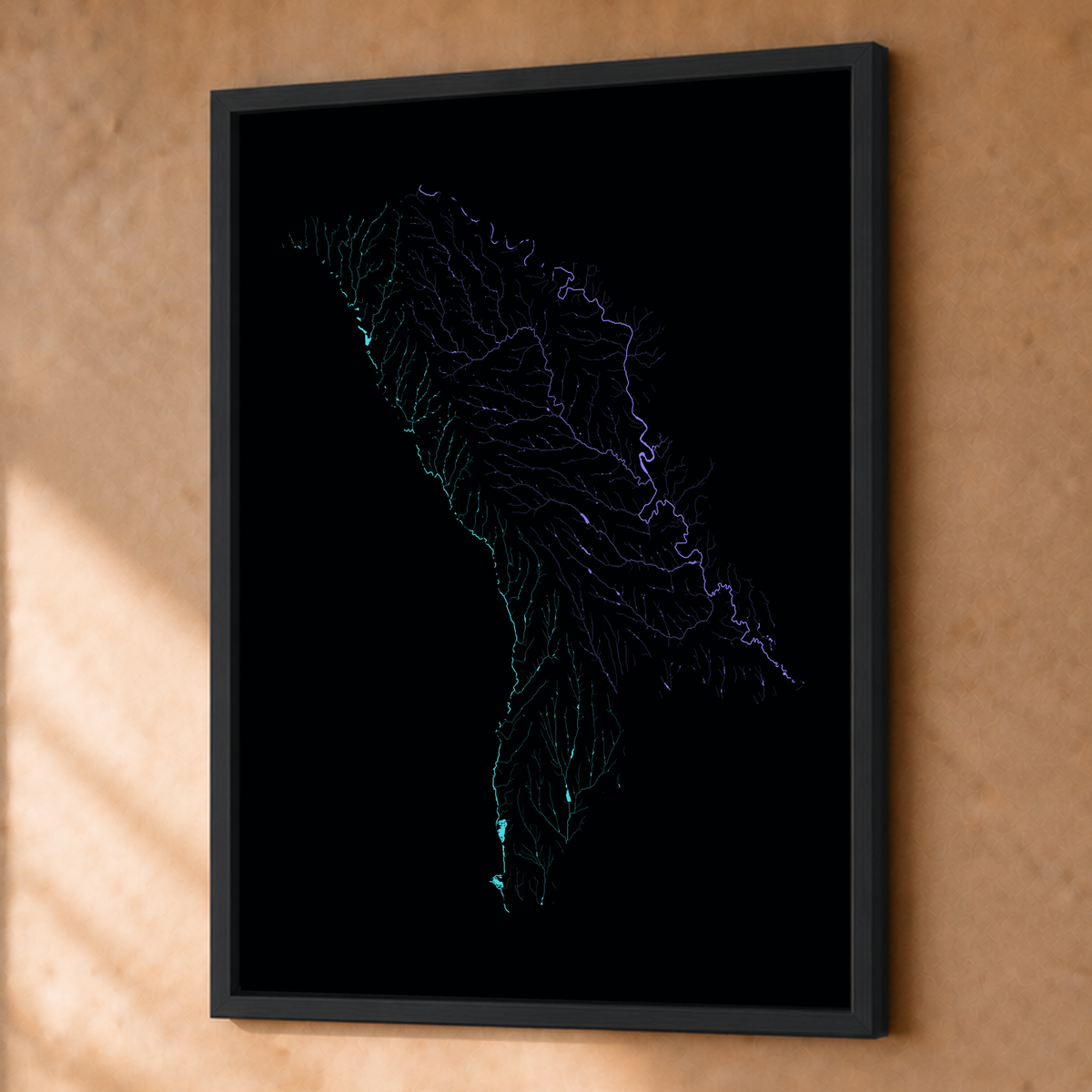 Beautiful Rivers — Moldávia — Neon hidrográfico, Fine art emoldurado · 45 × 60 cm, Preto · Sem margem