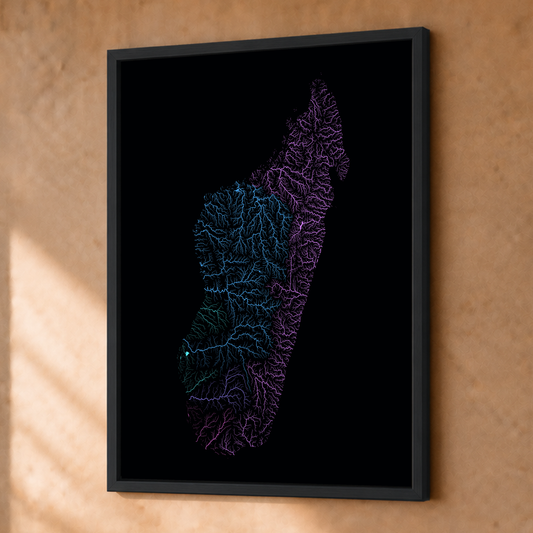 Beautiful Rivers — Madagáscar — Neon hidrográfico, Fine art emoldurado · 30 × 40 cm, Preto · Sem margem