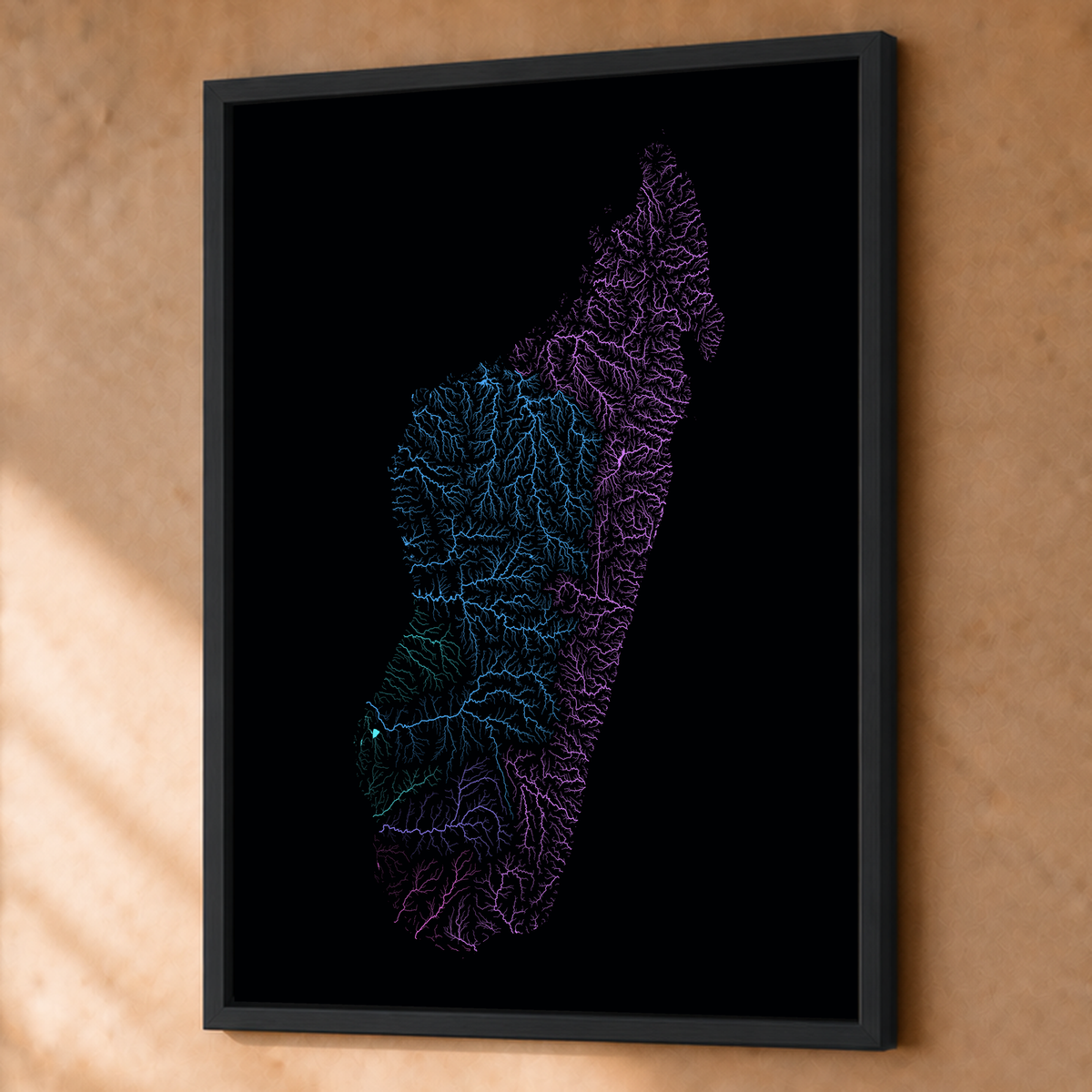 Beautiful Rivers — Madagáscar — Neon hidrográfico, Fine art emoldurado · 60 × 80 cm, Preto · Sem margem