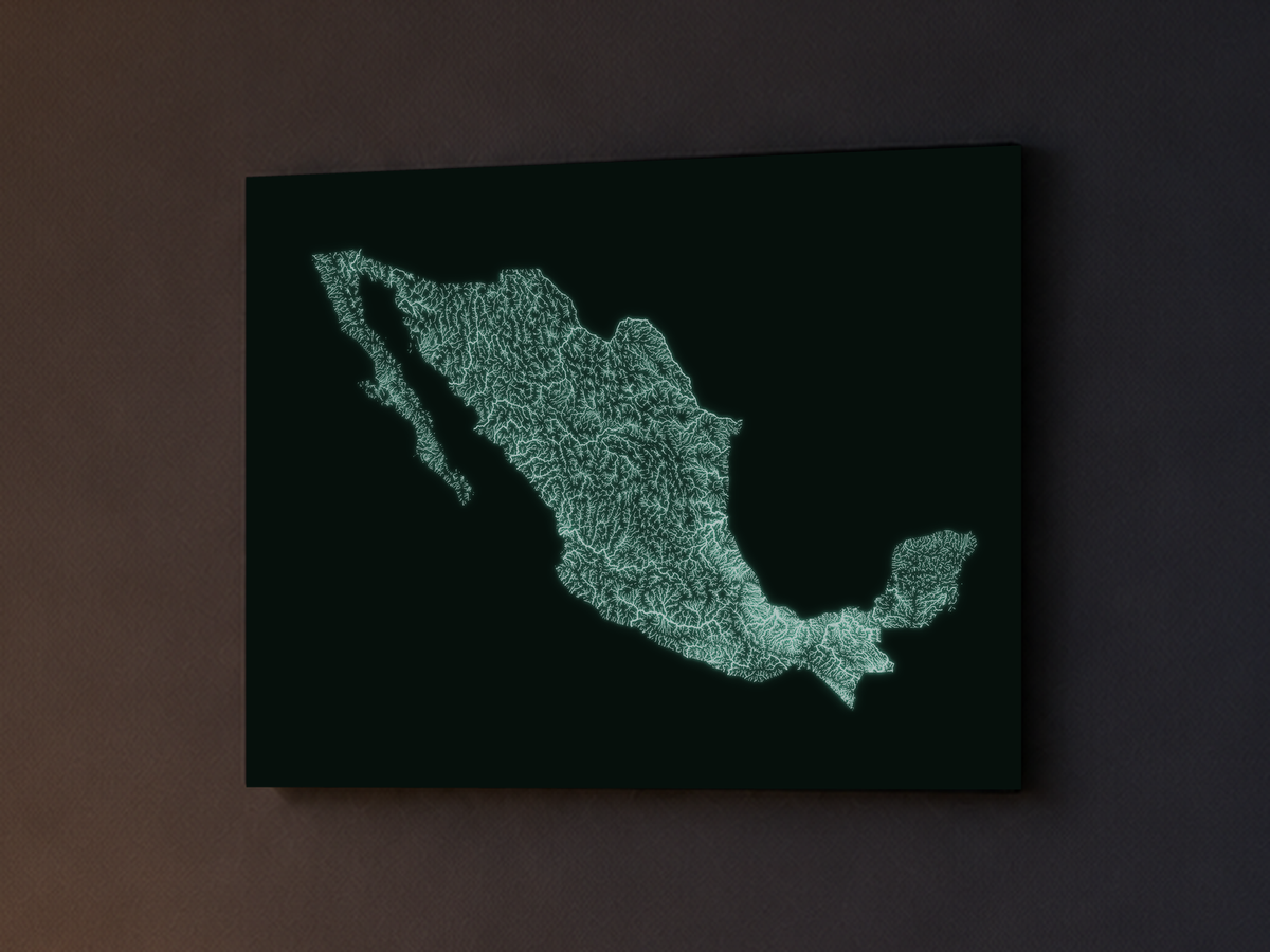 Mappa idrografica — Messico, poster fosforescente, 30 × 40 cm, vista notturna