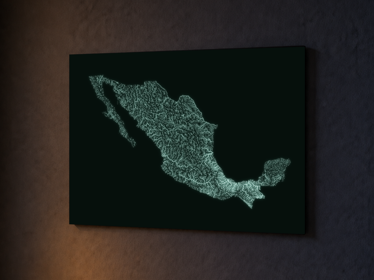 Mappa idrografica — Messico, poster fosforescente, 45 × 60 cm, vista notturna