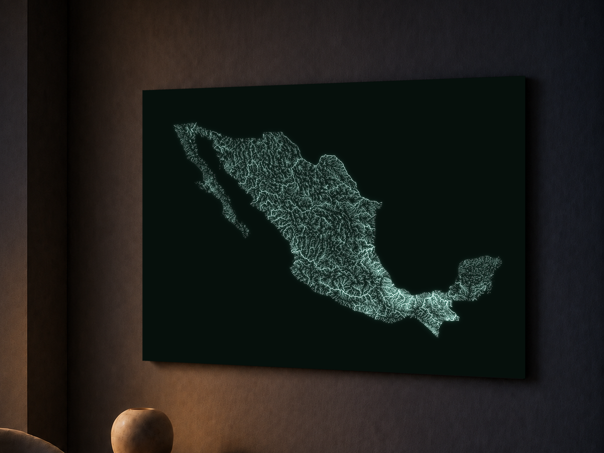 Mappa idrografica — Messico, poster fosforescente, 60 × 80 cm, vista notturna