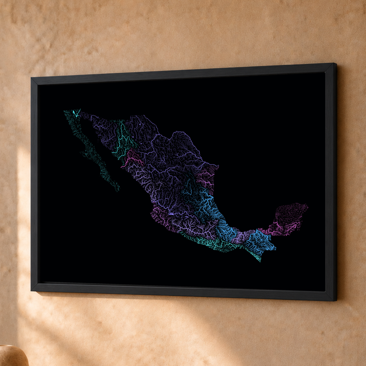 Beautiful Rivers — México — Neon hidrográfico, Fine art emoldurado · 30 × 40 cm, Preto · Sem margem