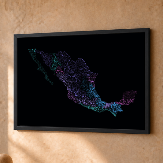 Beautiful Rivers — México — Neon hidrográfico, Fine art emoldurado · 30 × 40 cm, Preto · Sem margem