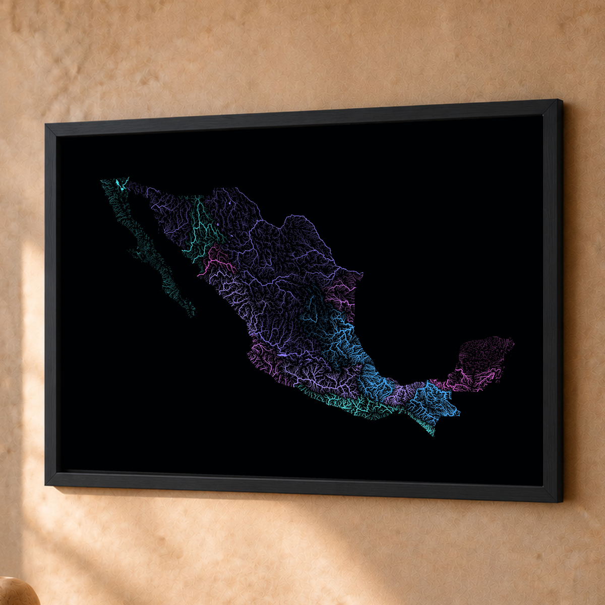 Beautiful Rivers — México — Neon hidrográfico, Fine art emoldurado · 45 × 60 cm, Preto · Sem margem