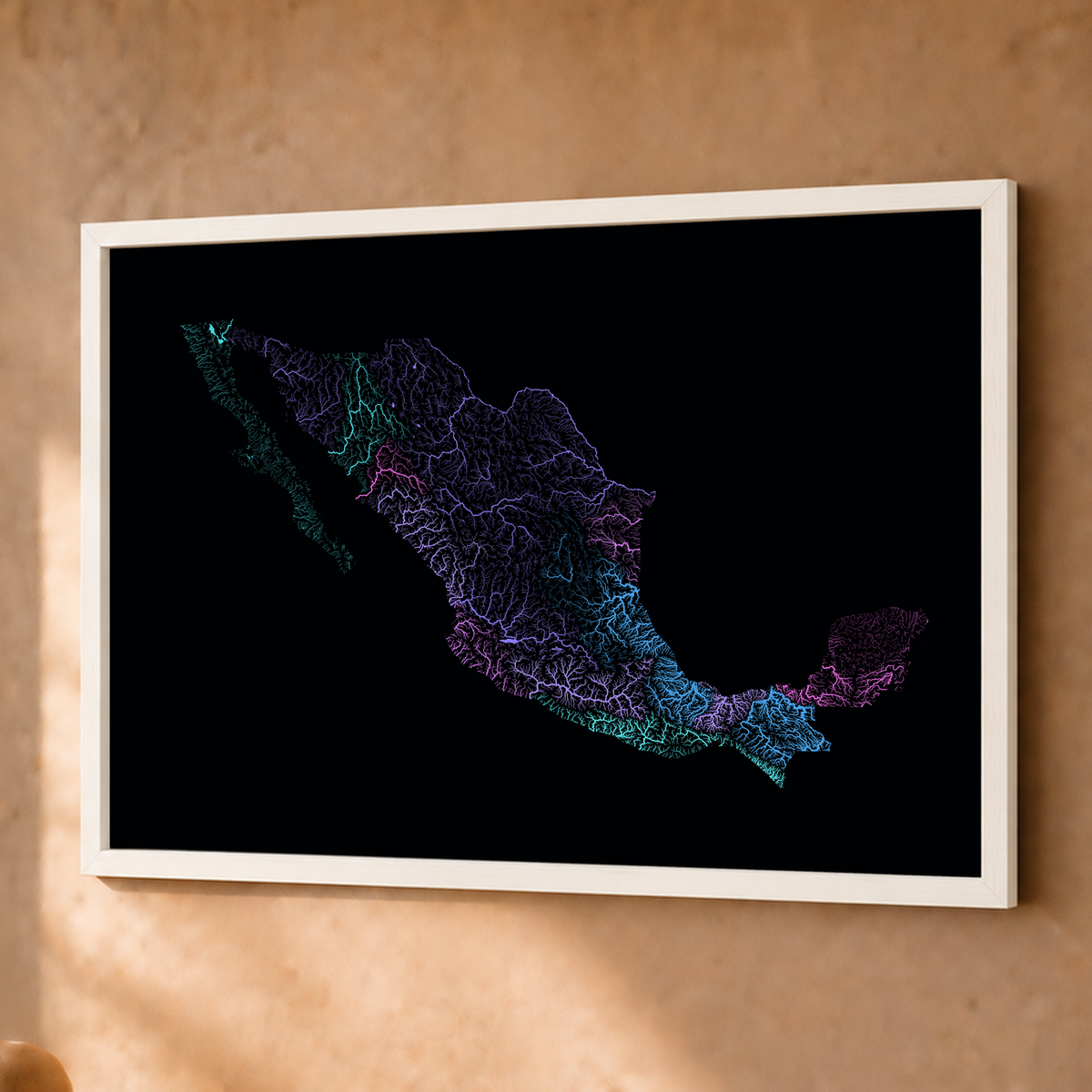 Beautiful Rivers — México — Neon hidrográfico, Fine art emoldurado · 45 × 60 cm, Branco · Sem margem