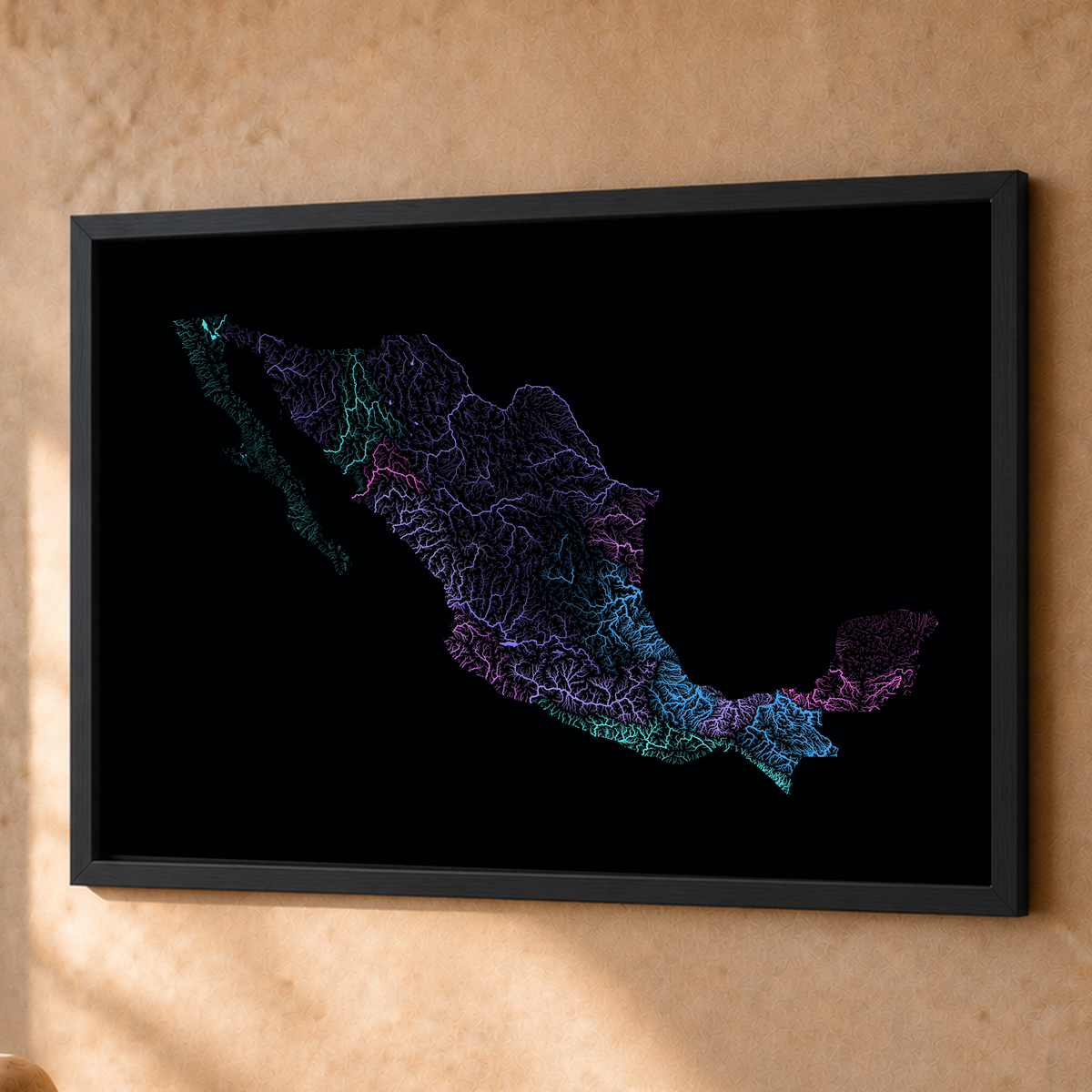 Beautiful Rivers — México — Neon hidrográfico, Fine art emoldurado · 60 × 80 cm, Preto · Sem margem