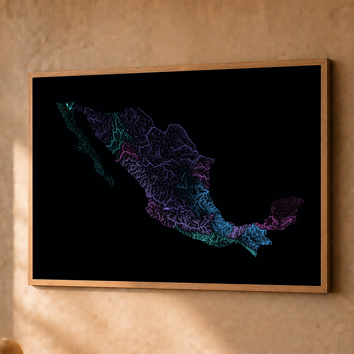 Beautiful Rivers — México — Neon hidrográfico, Fine art emoldurado · 60 × 80 cm, Natural · Sem margem