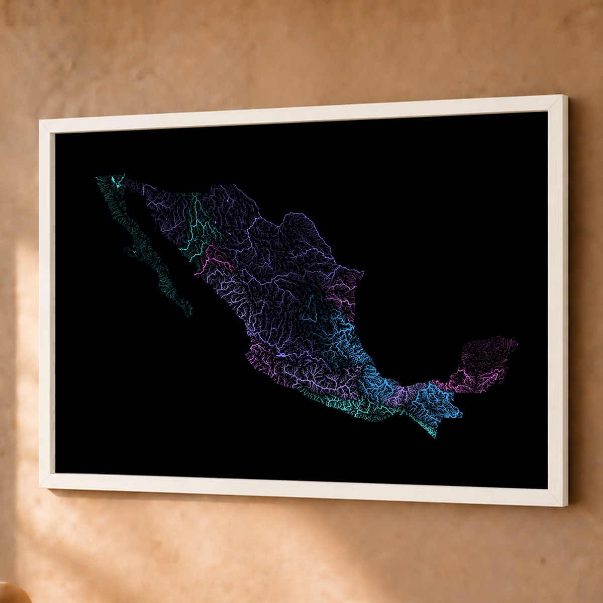 Beautiful Rivers — México — Neon hidrográfico, Fine art emoldurado · 60 × 80 cm, Branco · Sem margem