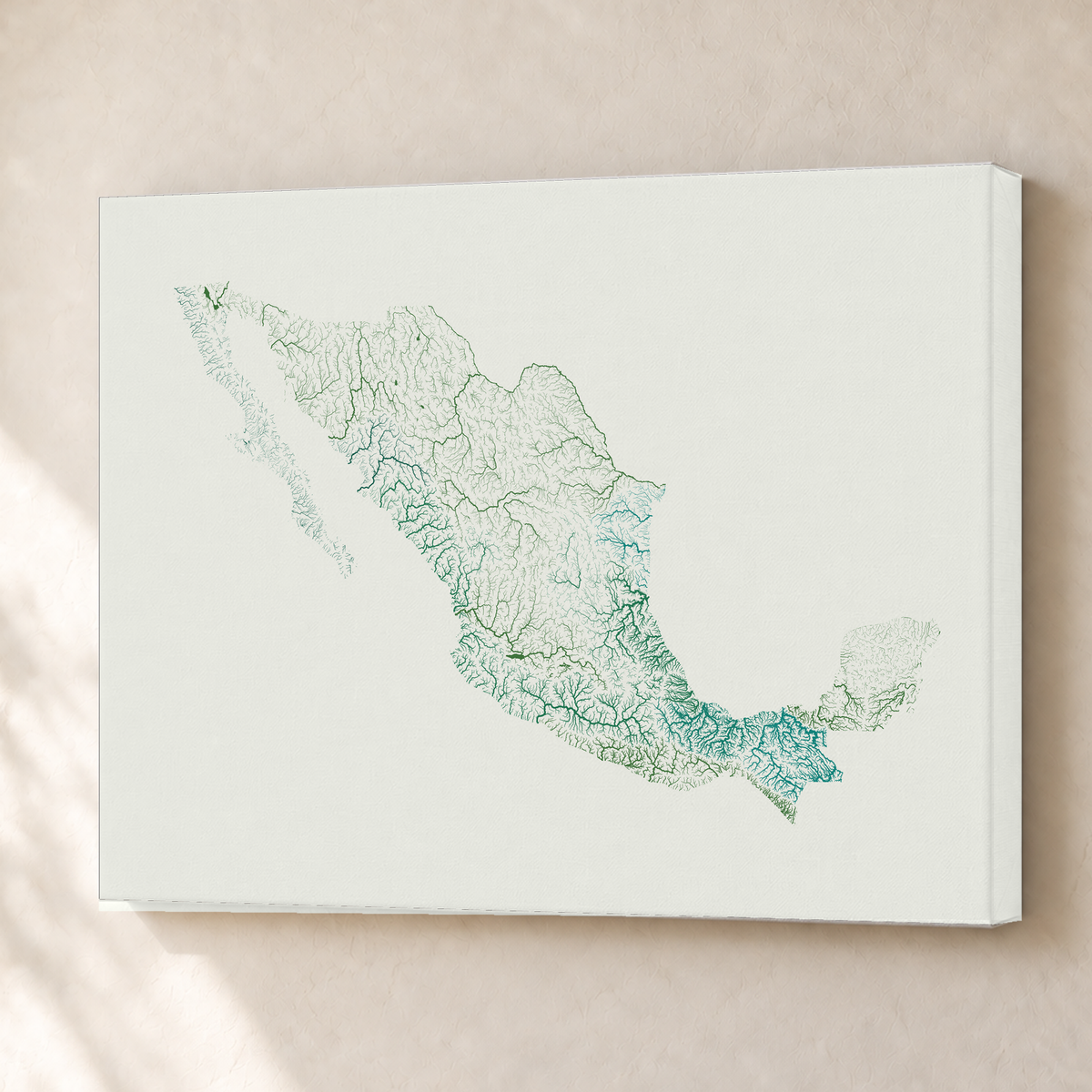 Beautiful Rivers — México — Verde jade e porcelana, Canvas · 45 × 60 cm, Sem margem