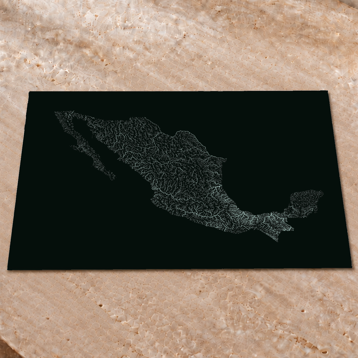 Mapa hidrográfico — México, glow, glow-poster, 60 × 80 cm, num ambiente interior premium