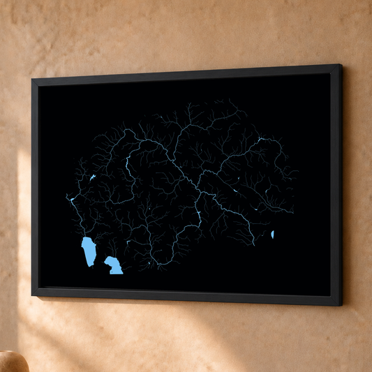 Beautiful Rivers — Macedónia do Norte — Neon hidrográfico, Fine art emoldurado · 30 × 40 cm, Preto · Sem margem