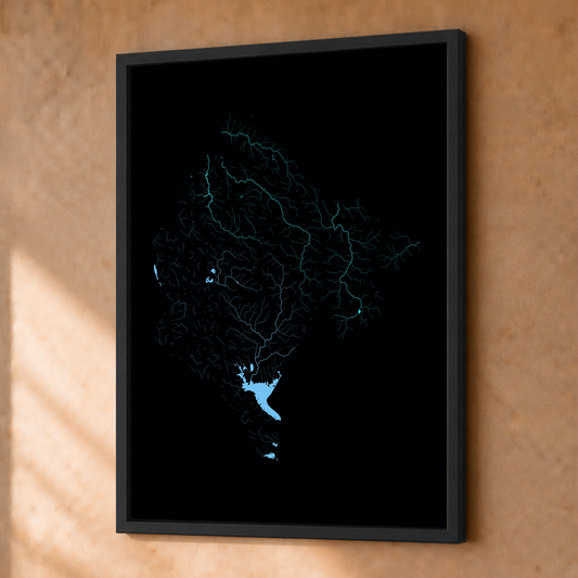 Beautiful Rivers — Montenegro — Neon hidrográfico, Fine art emoldurado · 30 × 40 cm, Preto · Sem margem