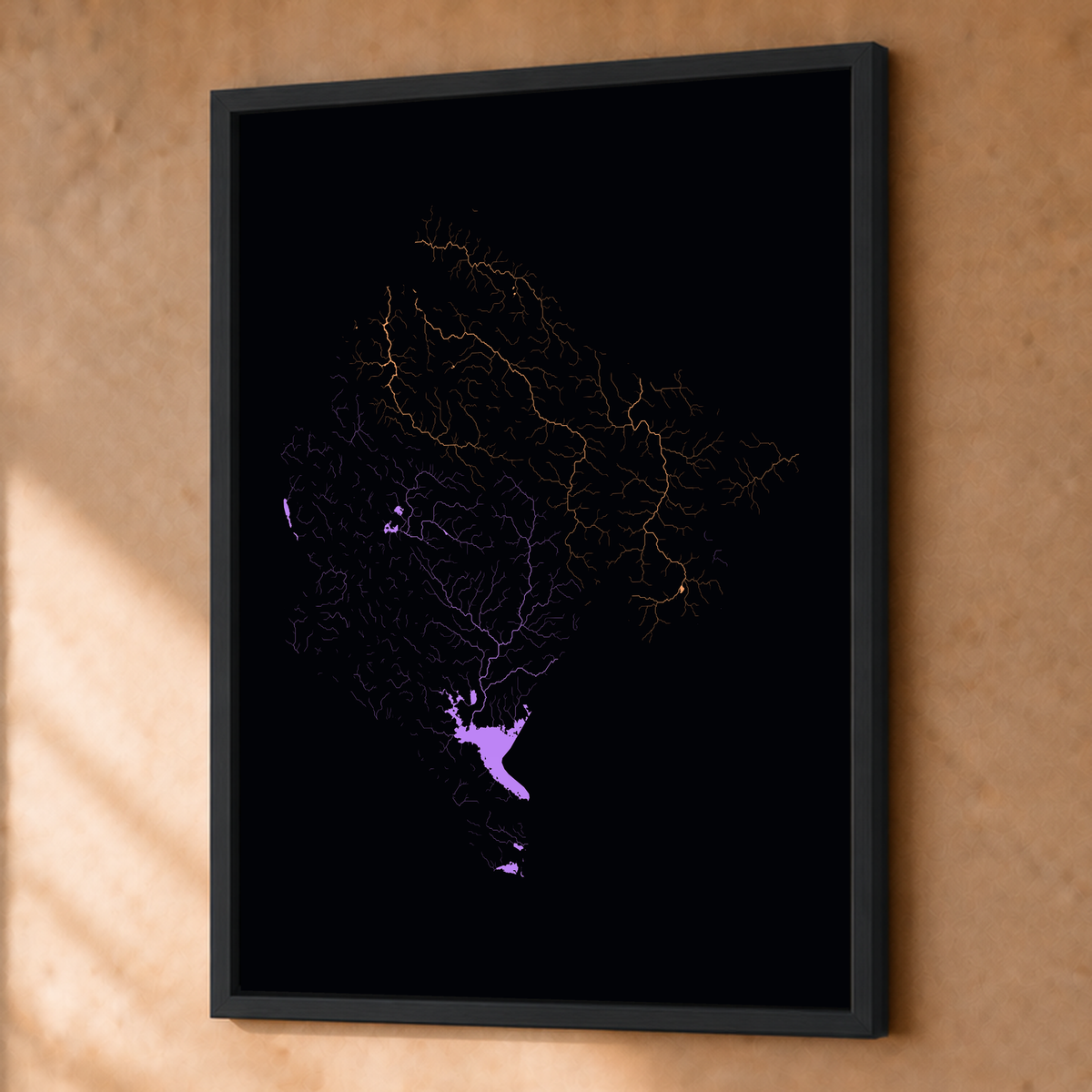 Beautiful Rivers — Montenegro — Neon por território, Fine art emoldurado · 45 × 60 cm, Preto · Sem margem