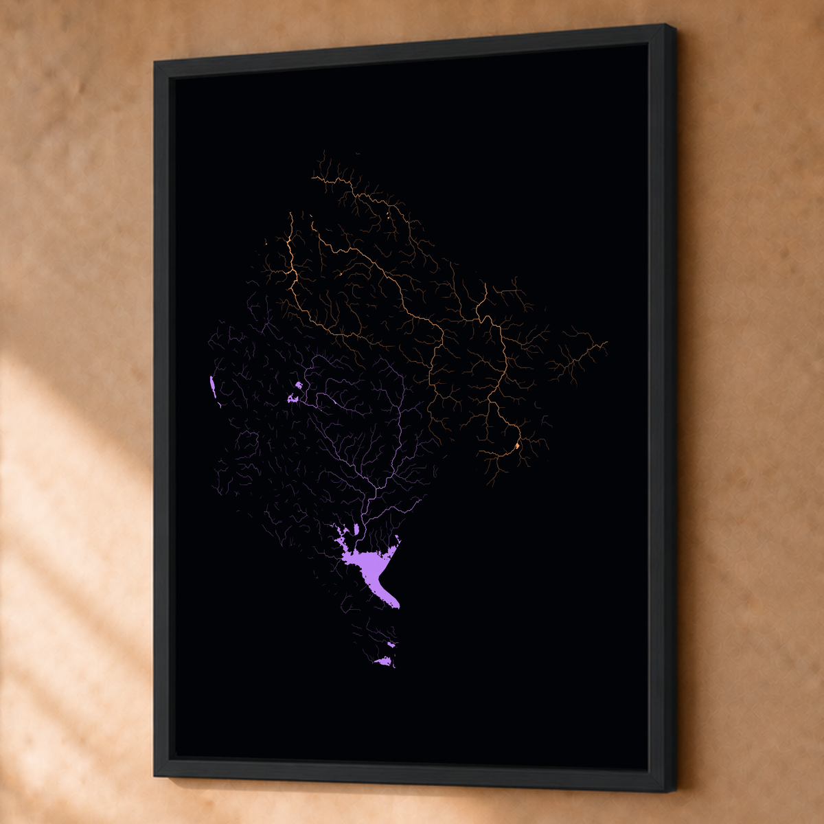 Beautiful Rivers — Montenegro — Neon por território, Fine art emoldurado · 60 × 80 cm, Preto · Sem margem
