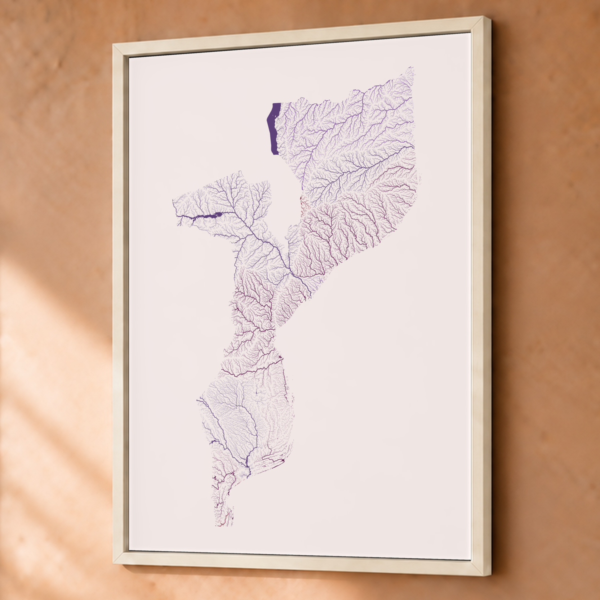 Quadro dos rios de Moçambique — Ameixa e rosé, Branco · Sem margem — Fine art emoldurado — 3x4