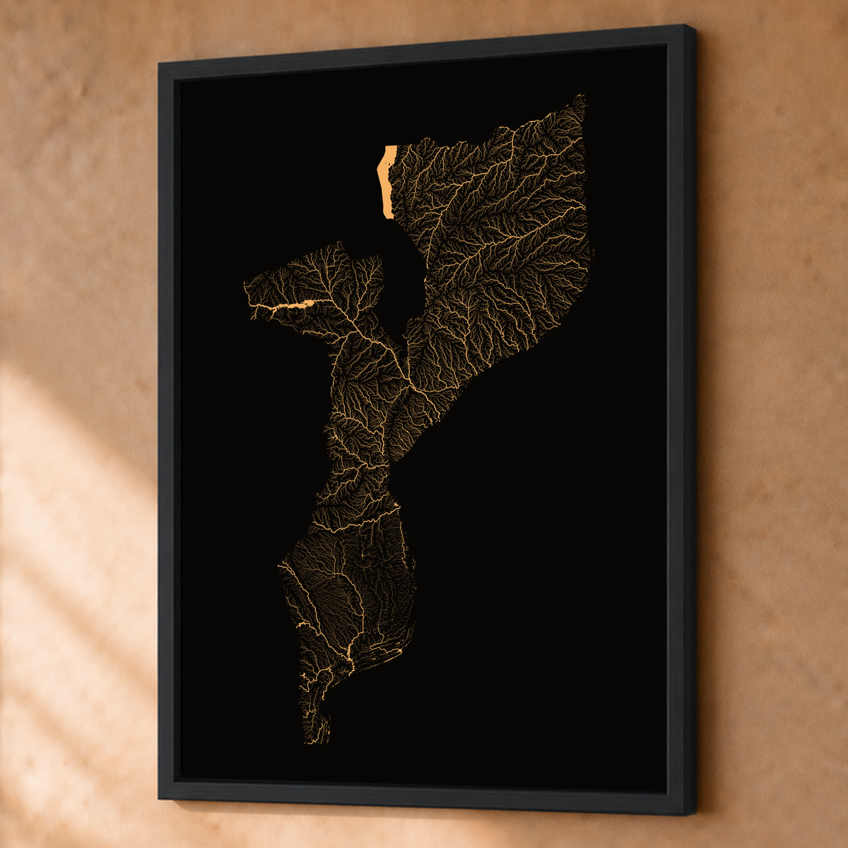 Quadro dos rios de Moçambique — Cobre, Preto · Sem margem — Fine art emoldurado — 3x4