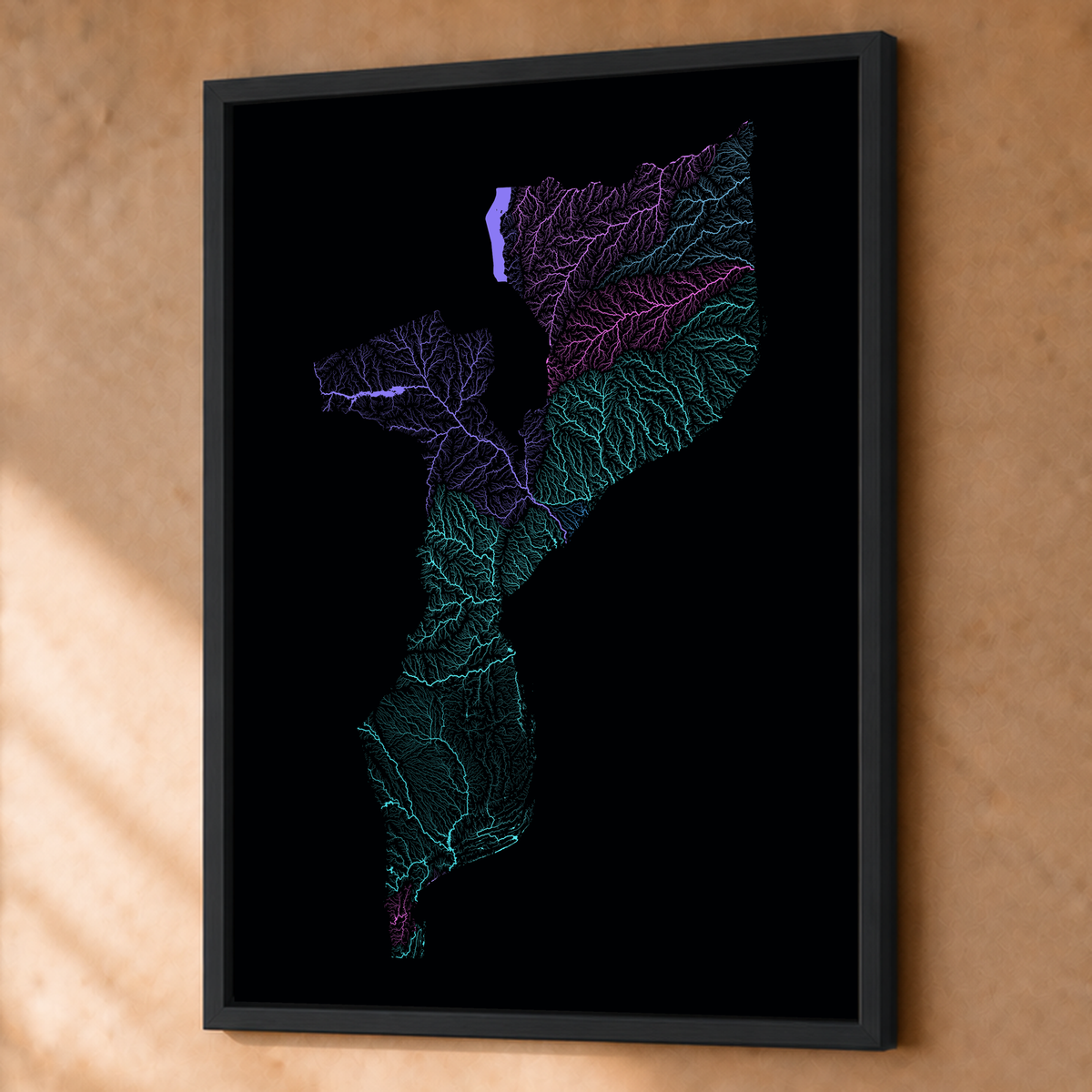 Quadro dos rios de Moçambique — Neon hidrográfico, Preto · Sem margem — Fine art emoldurado — 3x4