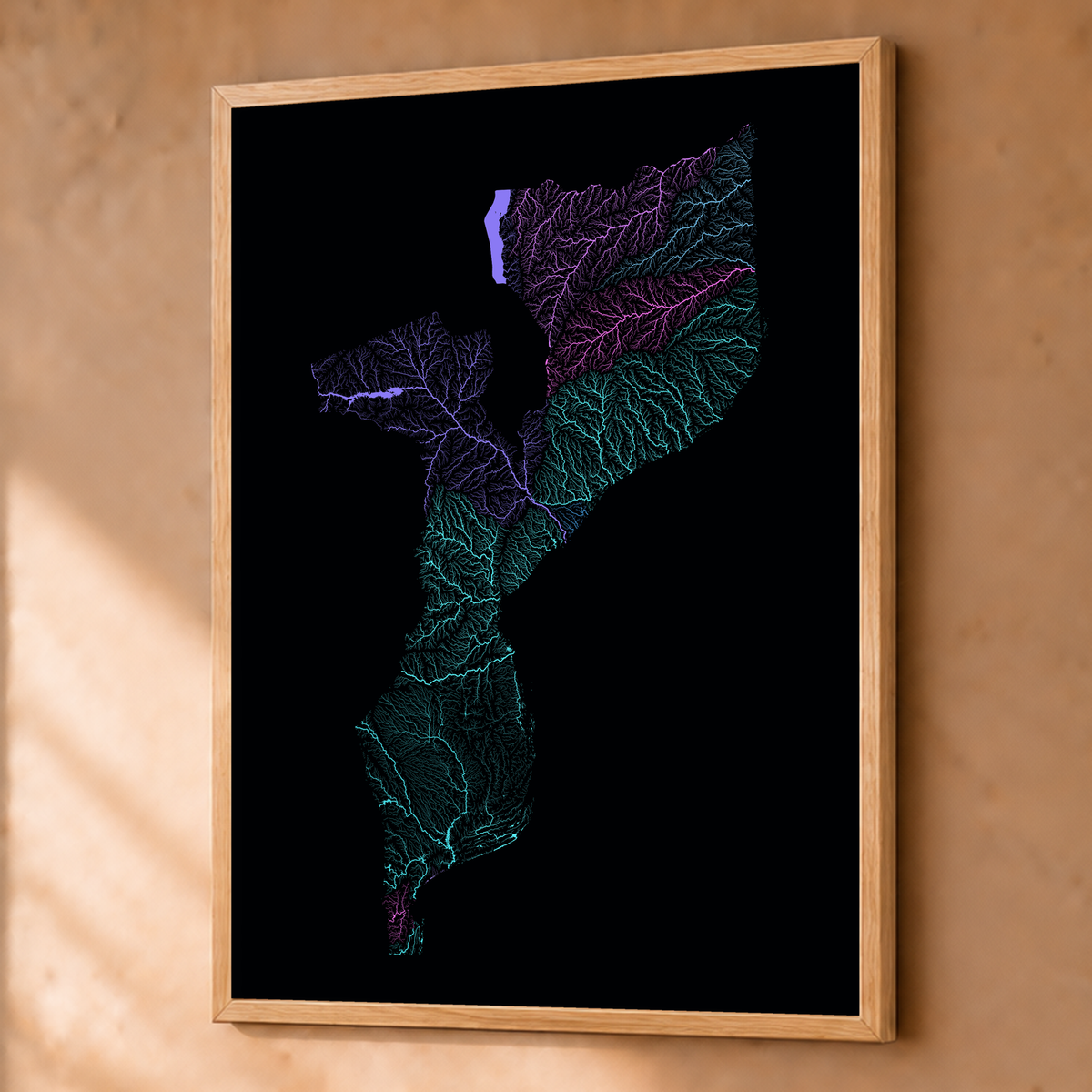 Quadro dos rios de Moçambique — Neon hidrográfico, Natural · Sem margem — Fine art emoldurado — 3x4