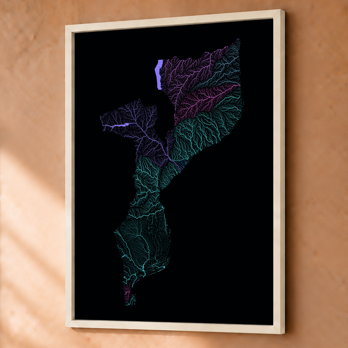 Quadro dos rios de Moçambique — Neon hidrográfico, Branco · Sem margem — Fine art emoldurado — 3x4