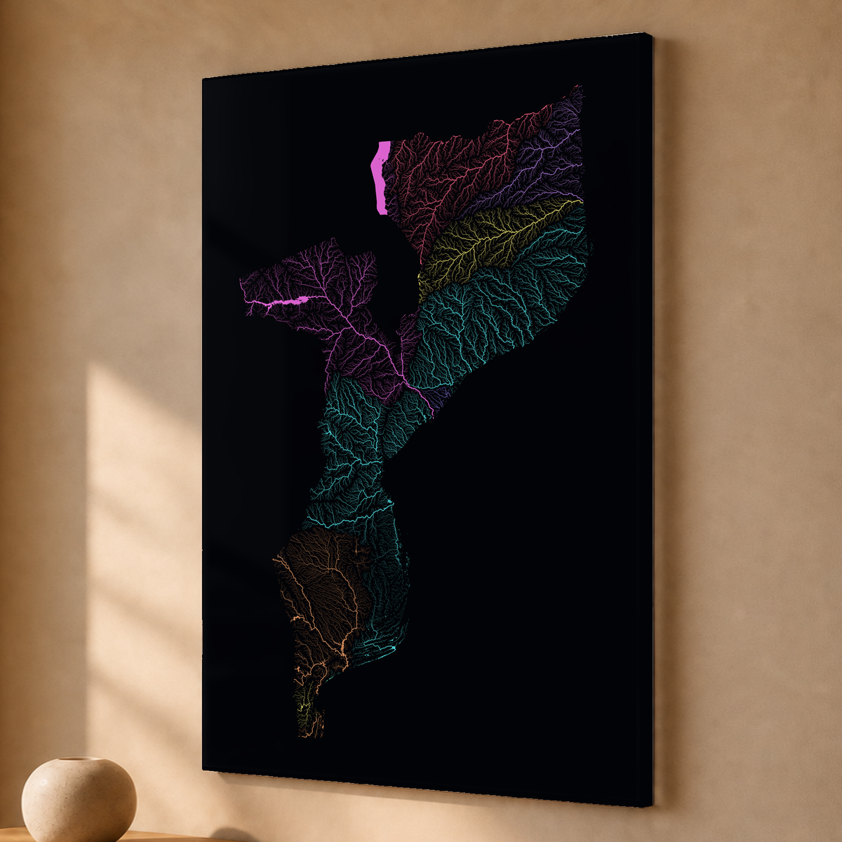 Quadro dos rios de Moçambique — Neon por território, Sem margem — Acrílico — 2x3