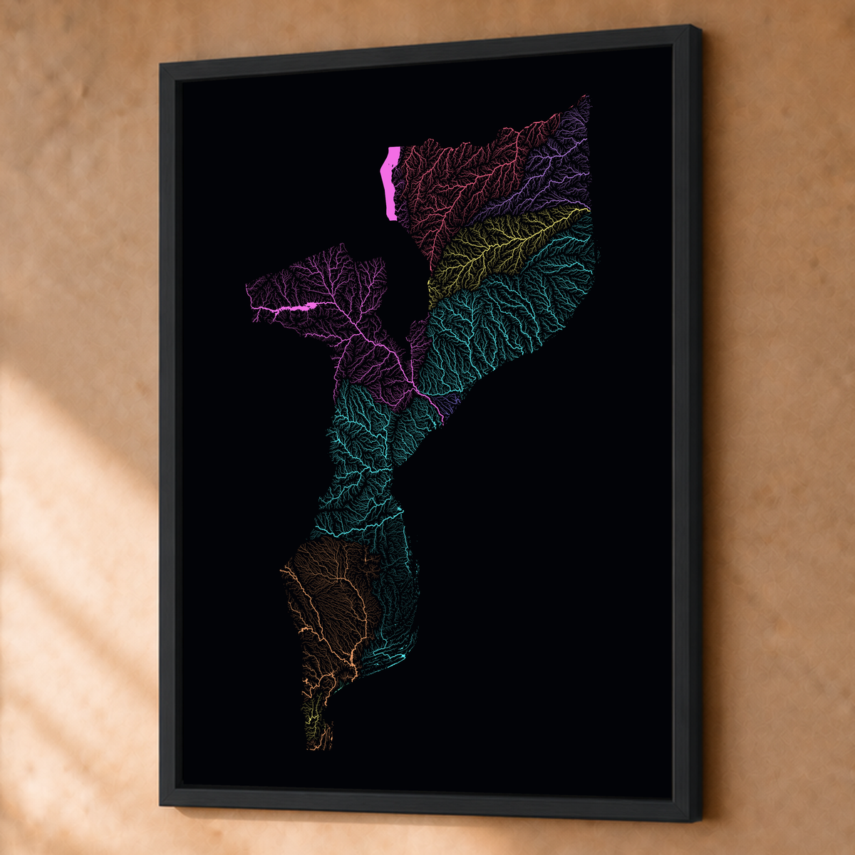 Quadro dos rios de Moçambique — Neon por território, Preto · Sem margem — Fine art emoldurado — 3x4