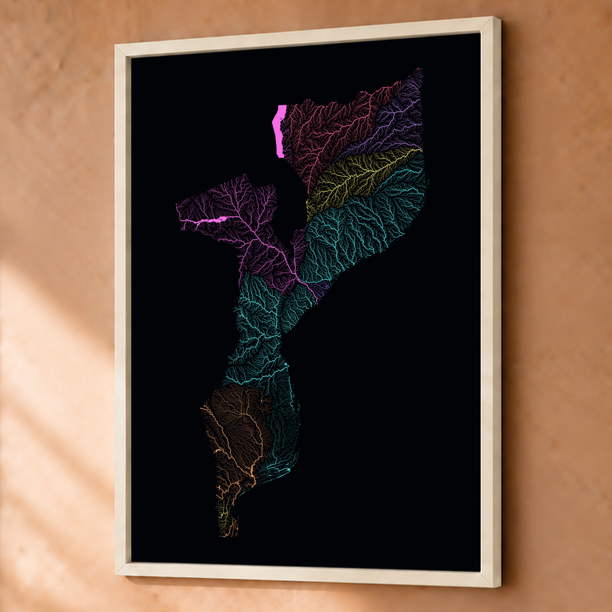 Quadro dos rios de Moçambique — Neon por território, Branco · Sem margem — Fine art emoldurado — 3x4