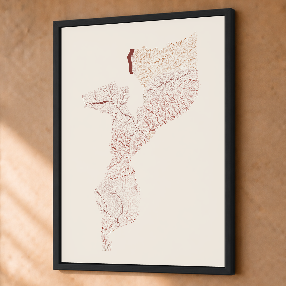 Quadro dos rios de Moçambique — Terracota e areia, Preto · Sem margem — Fine art emoldurado — 3x4