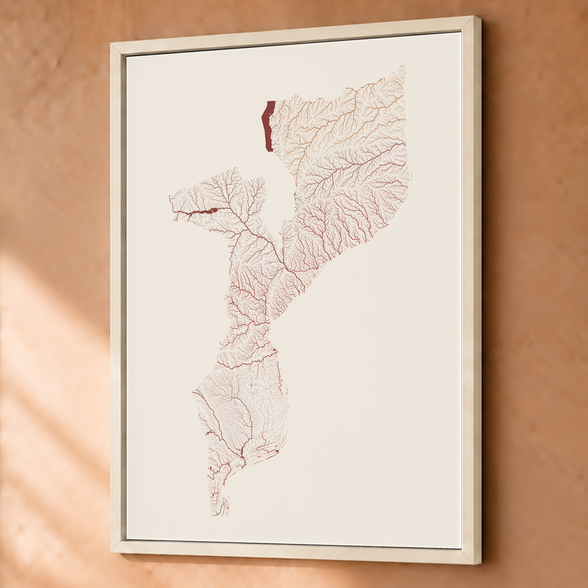 Quadro dos rios de Moçambique — Terracota e areia, Branco · Sem margem — Fine art emoldurado — 3x4