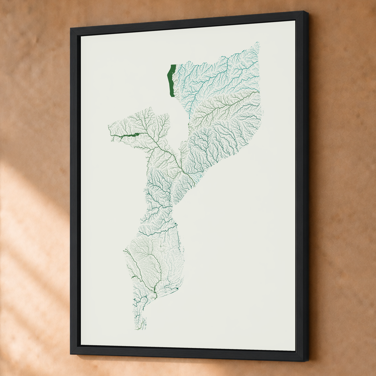 Quadro dos rios de Moçambique — Verde jade e porcelana, Preto · Sem margem — Fine art emoldurado — 3x4