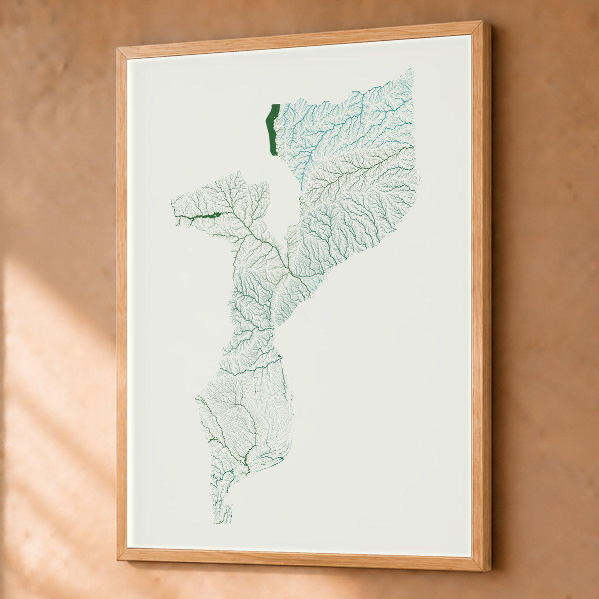 Quadro dos rios de Moçambique — Verde jade e porcelana, Natural · Sem margem — Fine art emoldurado — 3x4