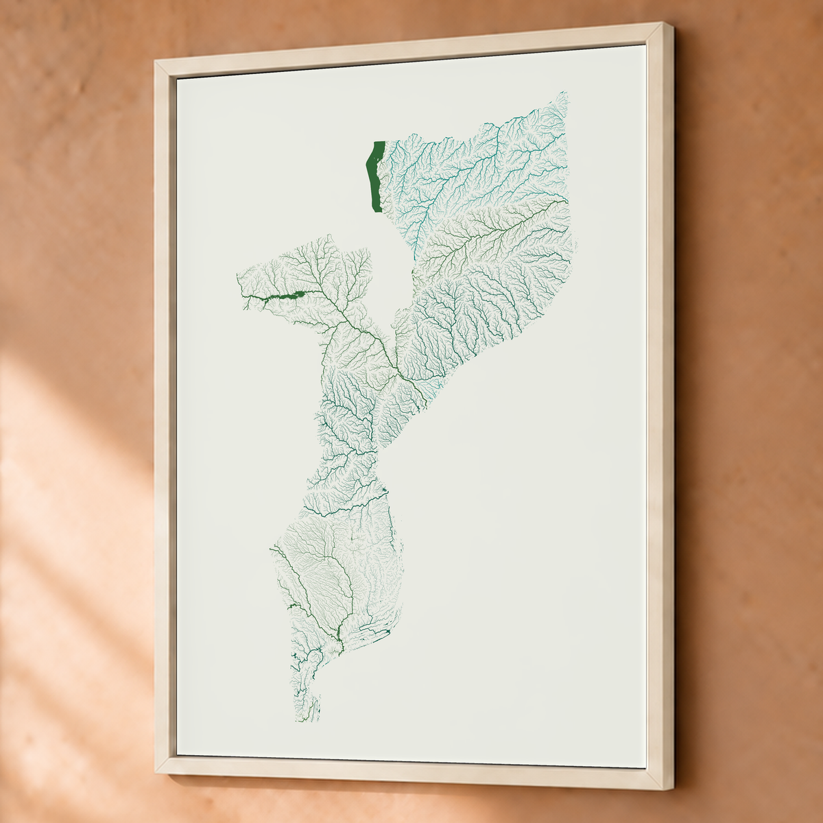 Quadro dos rios de Moçambique — Verde jade e porcelana, Branco · Sem margem — Fine art emoldurado — 3x4