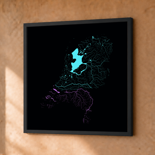 Beautiful Rivers — Países Baixos — Neon hidrográfico, Fine art emoldurado · 30 × 30 cm, Preto · Sem margem