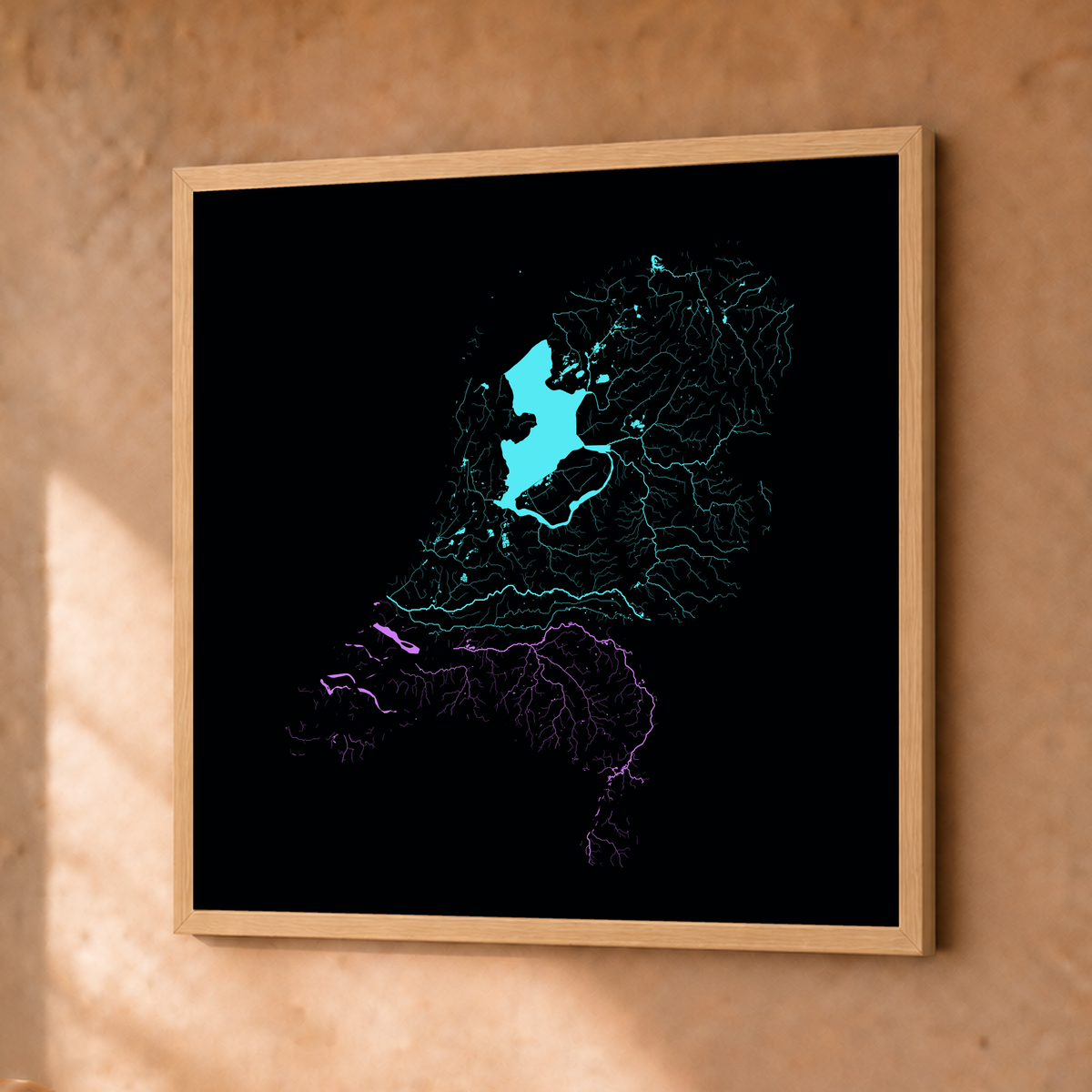 Beautiful Rivers — Países Baixos — Neon hidrográfico, Fine art emoldurado · 30 × 30 cm, Natural · Sem margem