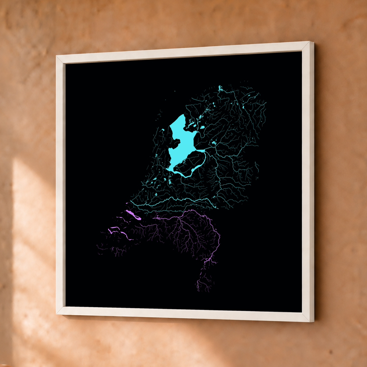Beautiful Rivers — Países Baixos — Neon hidrográfico, Fine art emoldurado · 30 × 30 cm, Branco · Sem margem